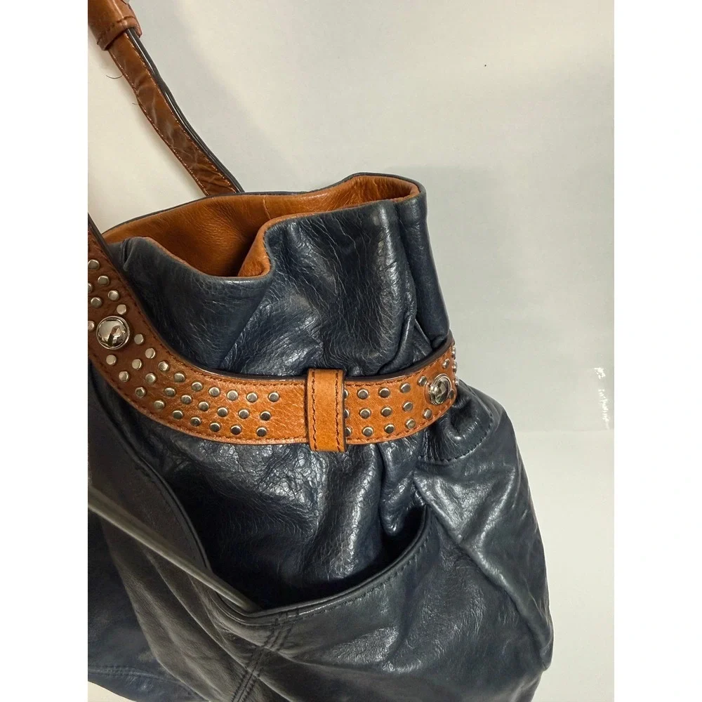 Boho Indie Grunge Navy Blue Leather Studded Hobo Shoulder Bag Large Oversized - Picture 6 of 16